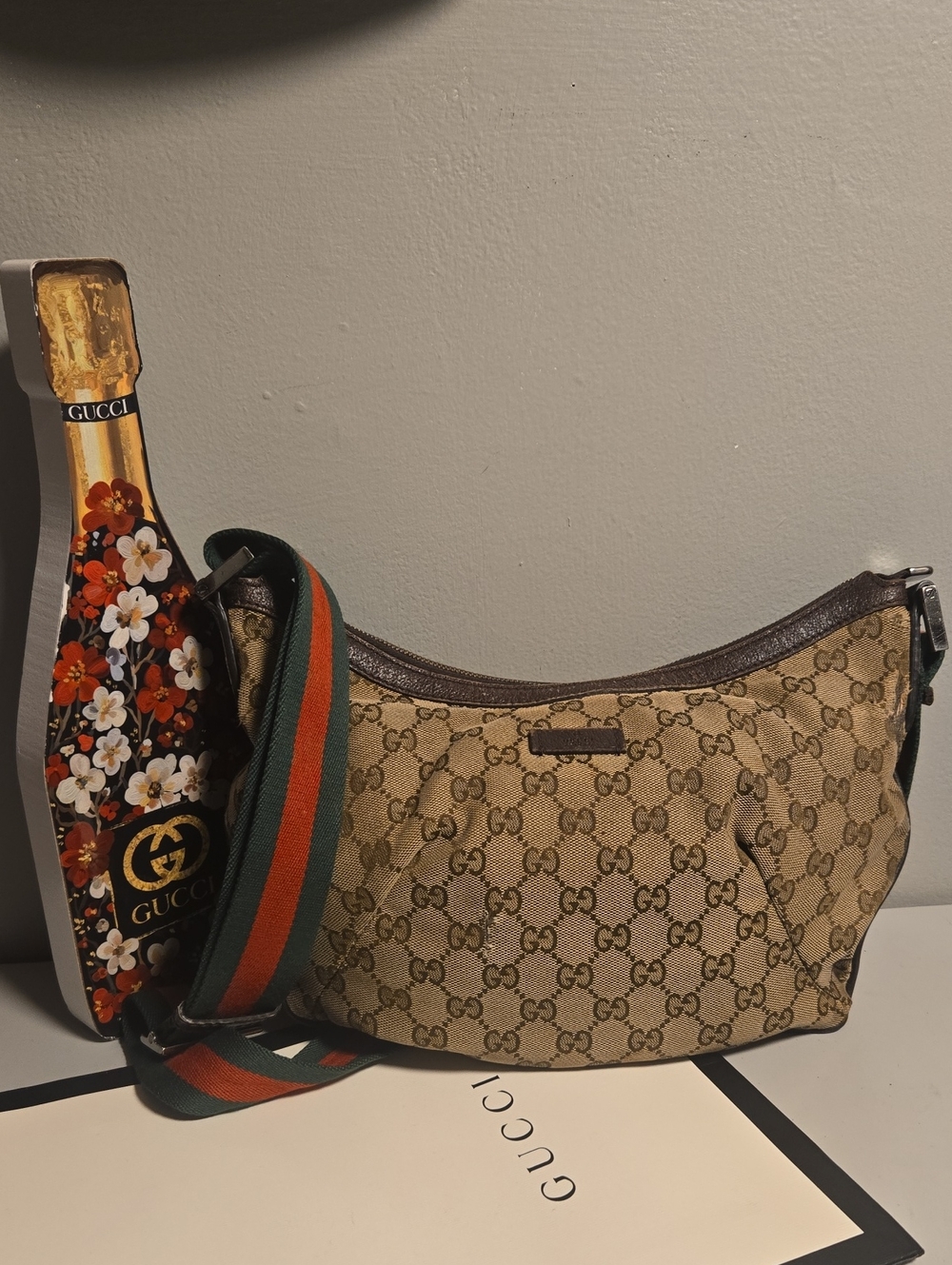 Gucci Beige GG Canvas Shoulder Bag with Green and Orange Web Strap